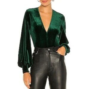 H1 Bardot Bryony Bodysuit Deep Vneck Plunge Dark Green Velvet Medium Womens